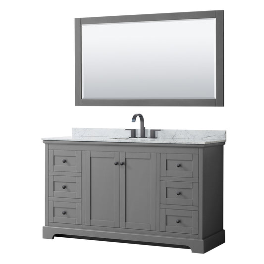 Avery 60 Inch Single Bathroom Vanity in Dark Gray, White Carrara Marble Countertop, Undermount Oval Sink, Matte Black Trim, 58 Inch Mirror