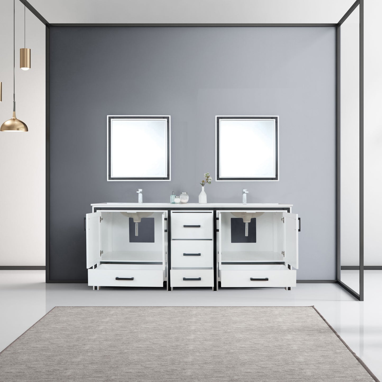 Ziva 80" White Double Vanity, Cultured Marble Top, White Square Sink and 30" Mirrors w/ Faucet