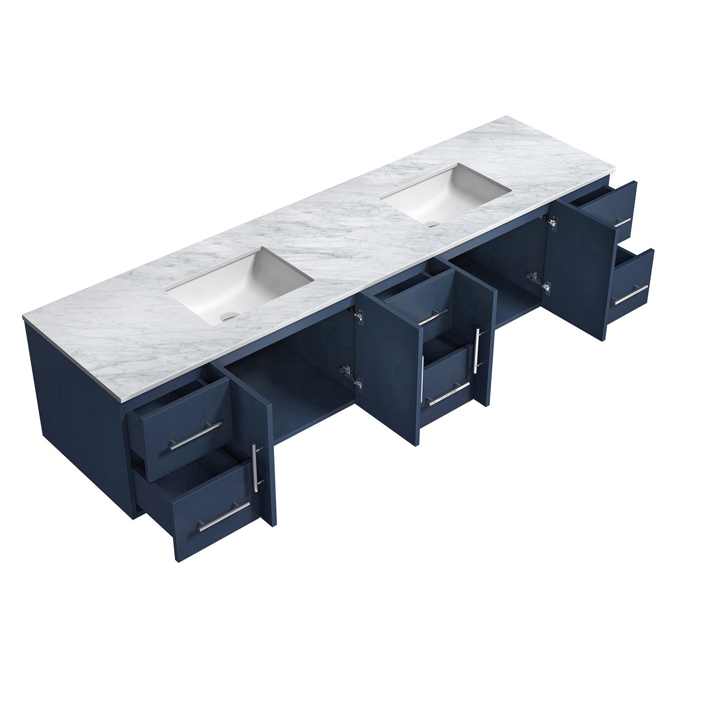 Geneva 84" Navy Blue Double Vanity, White Carrara Marble Top, White Square Sinks and no Mirror