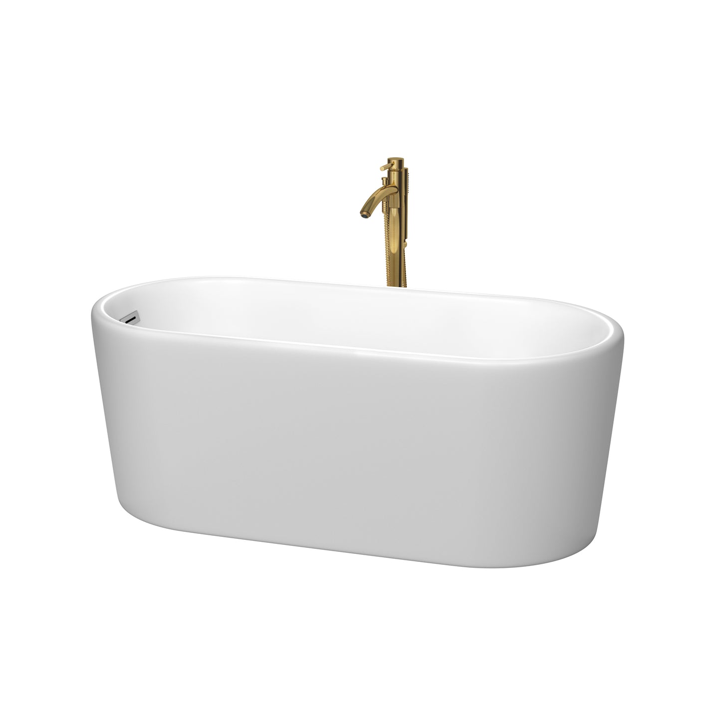 Ursula 59 Inch Freestanding Bathtub in Matte White with Polished Chrome Trim and Floor Mounted Faucet in Brushed Gold