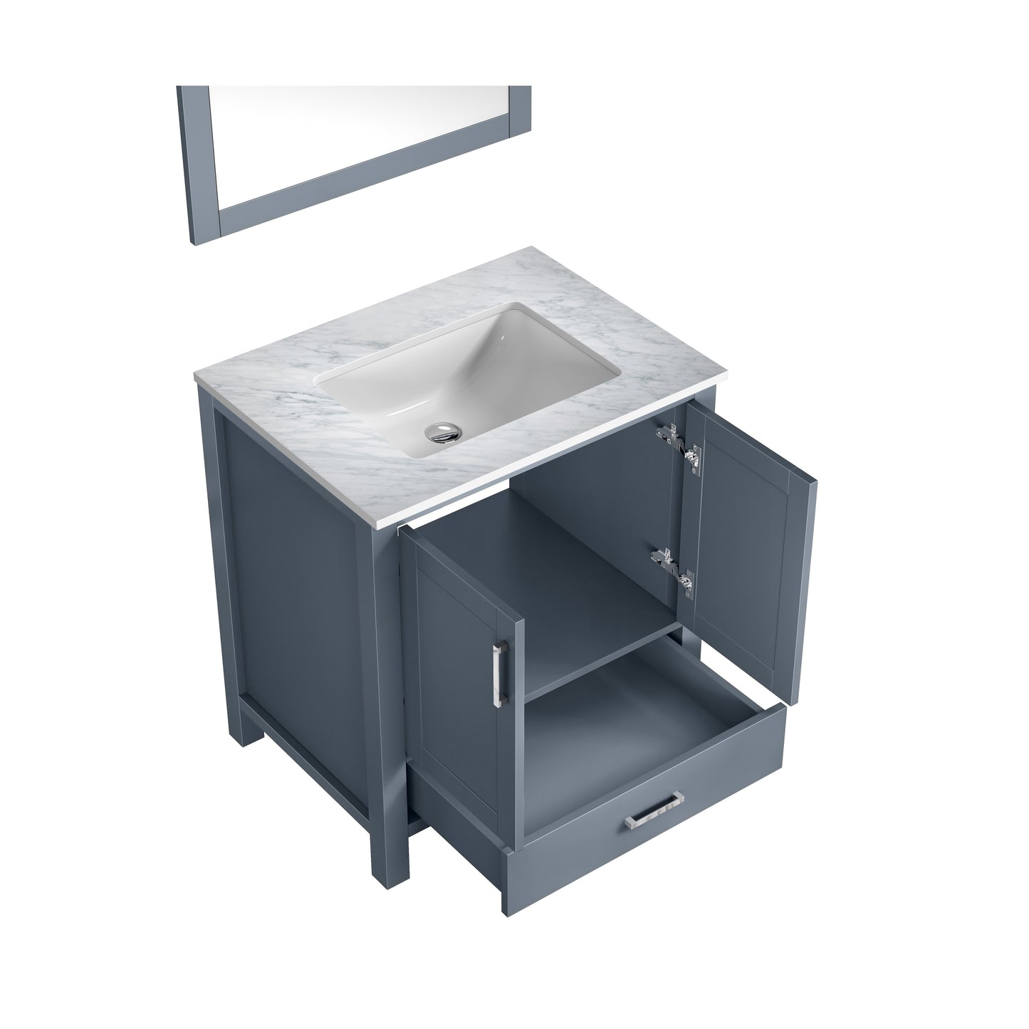 Jacques 30" Dark Grey Single Vanity, White Carrara Marble Top, White Square Sink and 28" Mirror