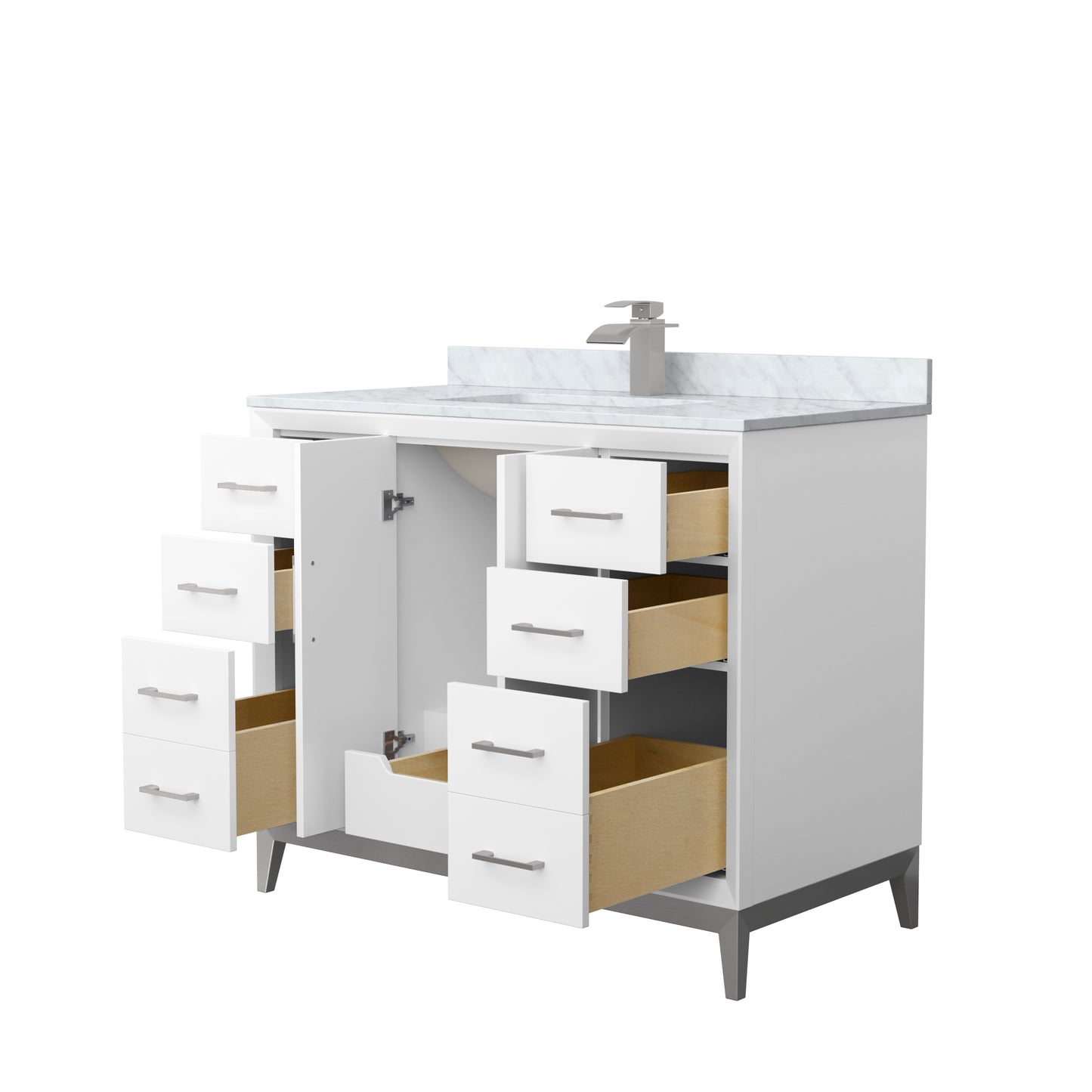 Amici 42 Inch Single Bathroom Vanity in White, White Carrara Marble Countertop, Undermount Square Sink, Brushed Nickel Trim