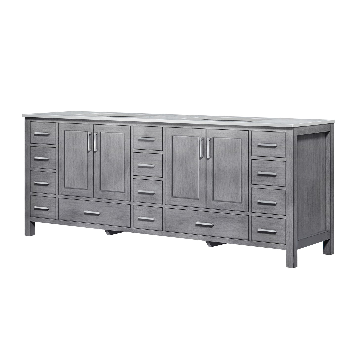 Jacques 84" Distressed Grey Double Vanity, White Carrara Marble Top, White Square Sinks and no Mirror