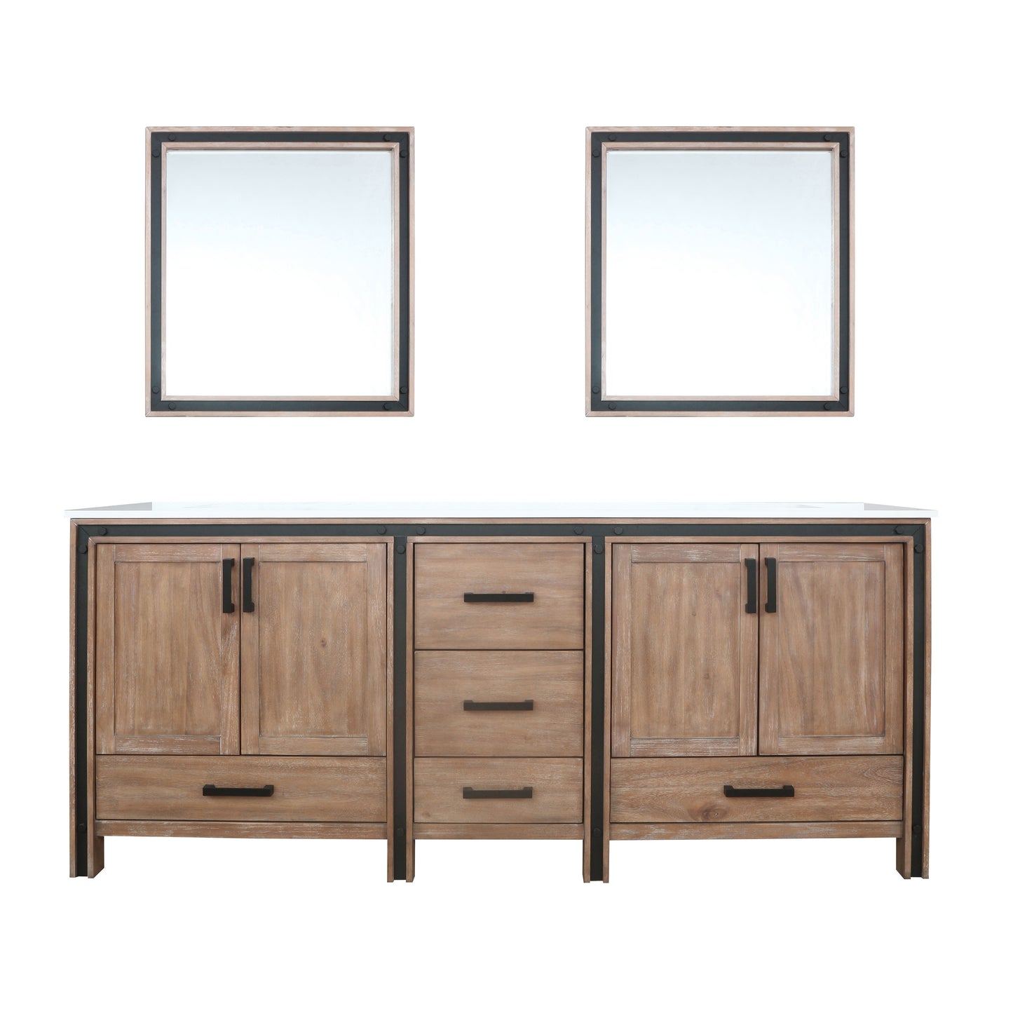 Ziva 80" Rustic Barnwood Double Vanity, Cultured Marble Top, White Square Sink and 30" Mirrors