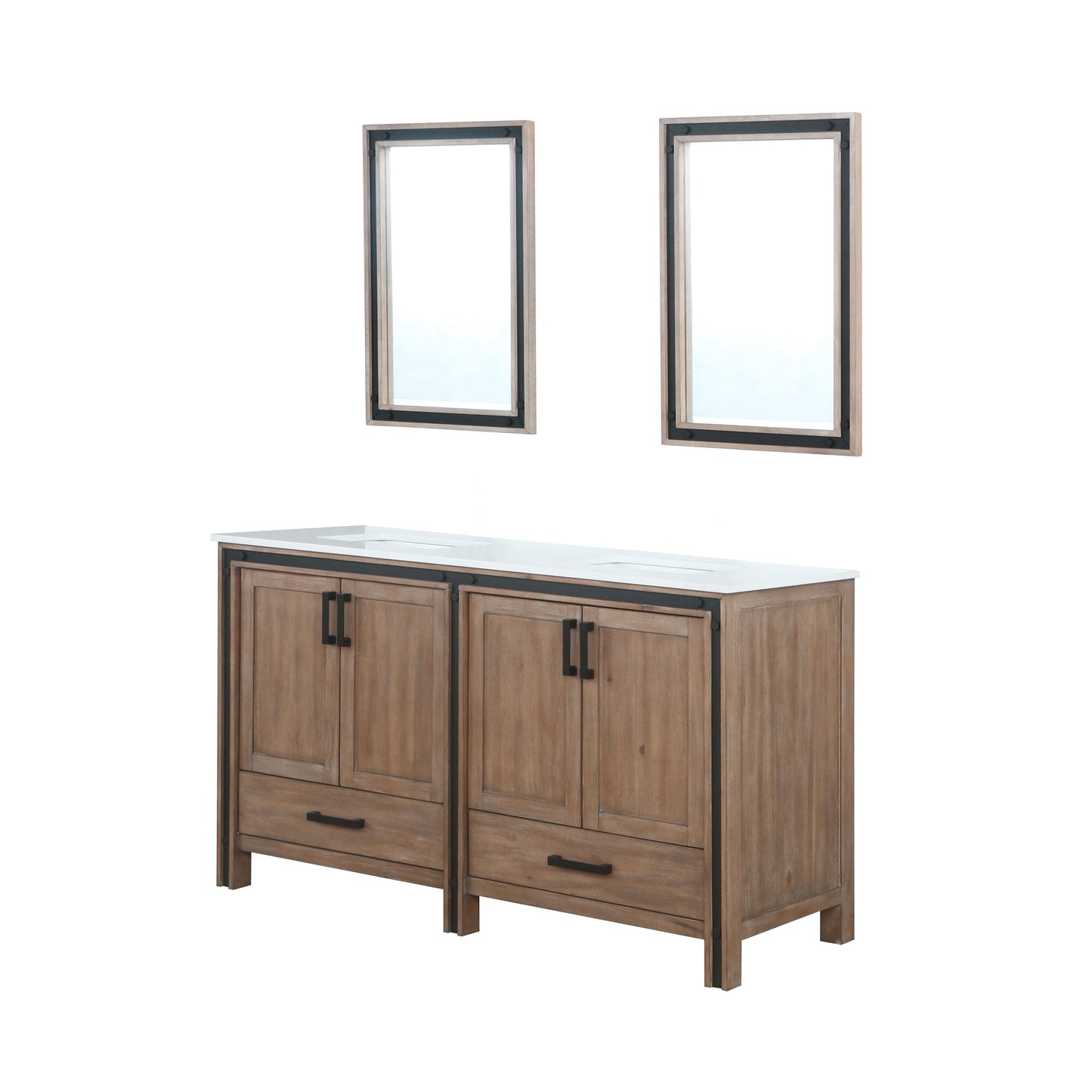 Ziva 60" Rustic Barnwood Double Vanity, Cultured Marble Top, White Square Sink and 22" Mirrors