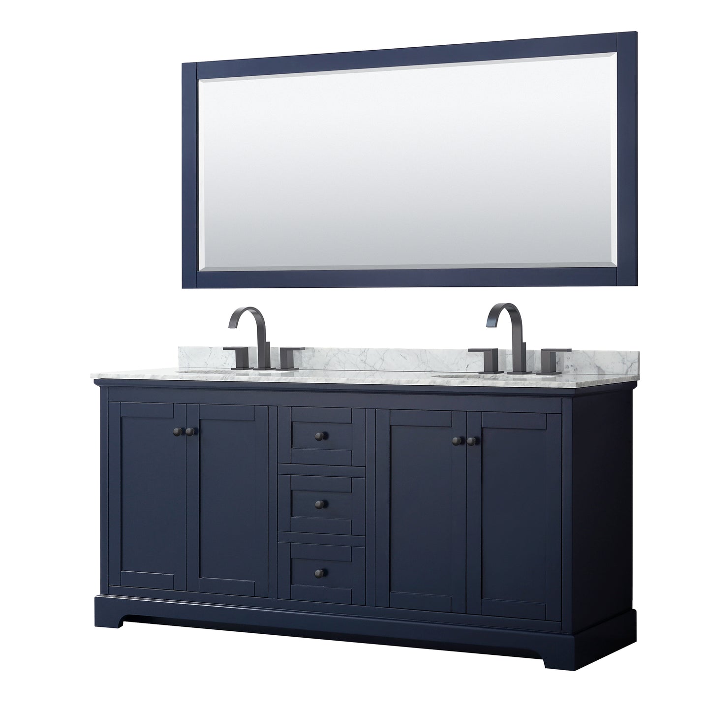 Avery 72 Inch Double Bathroom Vanity in Dark Blue, White Carrara Marble Countertop, Undermount Oval Sinks, Matte Black Trim, 70 Inch Mirror