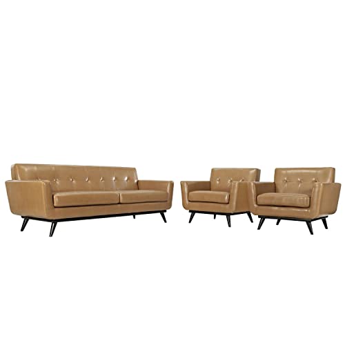 Modway Engage Mid-Century Modern Upholstered Living Room Set, Two Armchairs and Sofa, Tan Leather