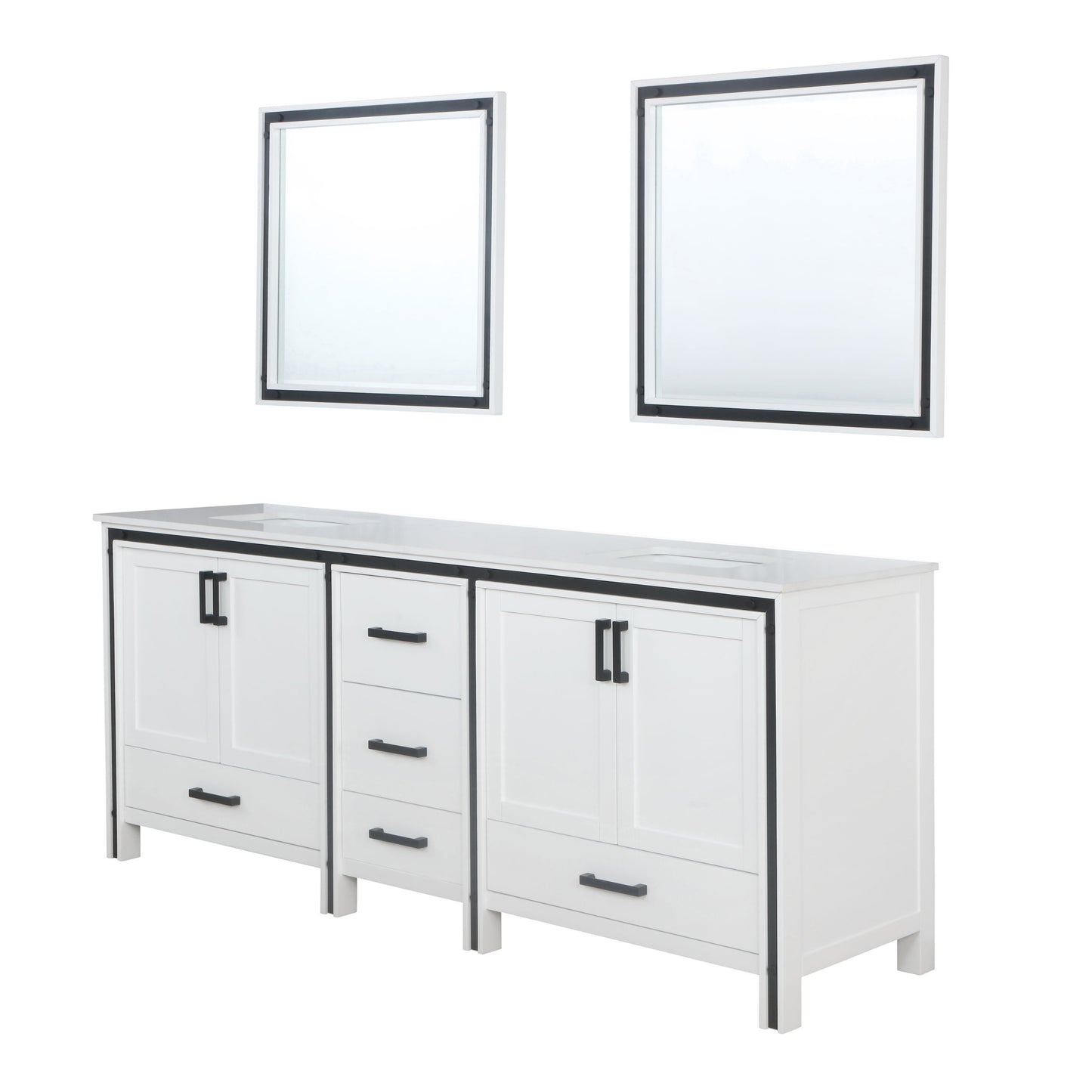 Ziva 84" White Double Vanity, Cultured Marble Top, White Square Sink and 34" Mirrors