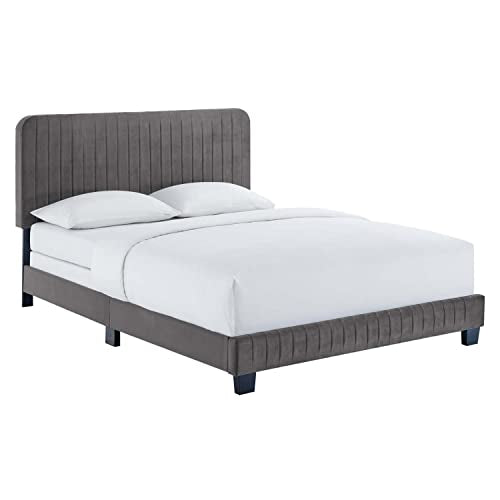 Modway Celine Channel Tufted Performance Velvet Full Bed in Gray