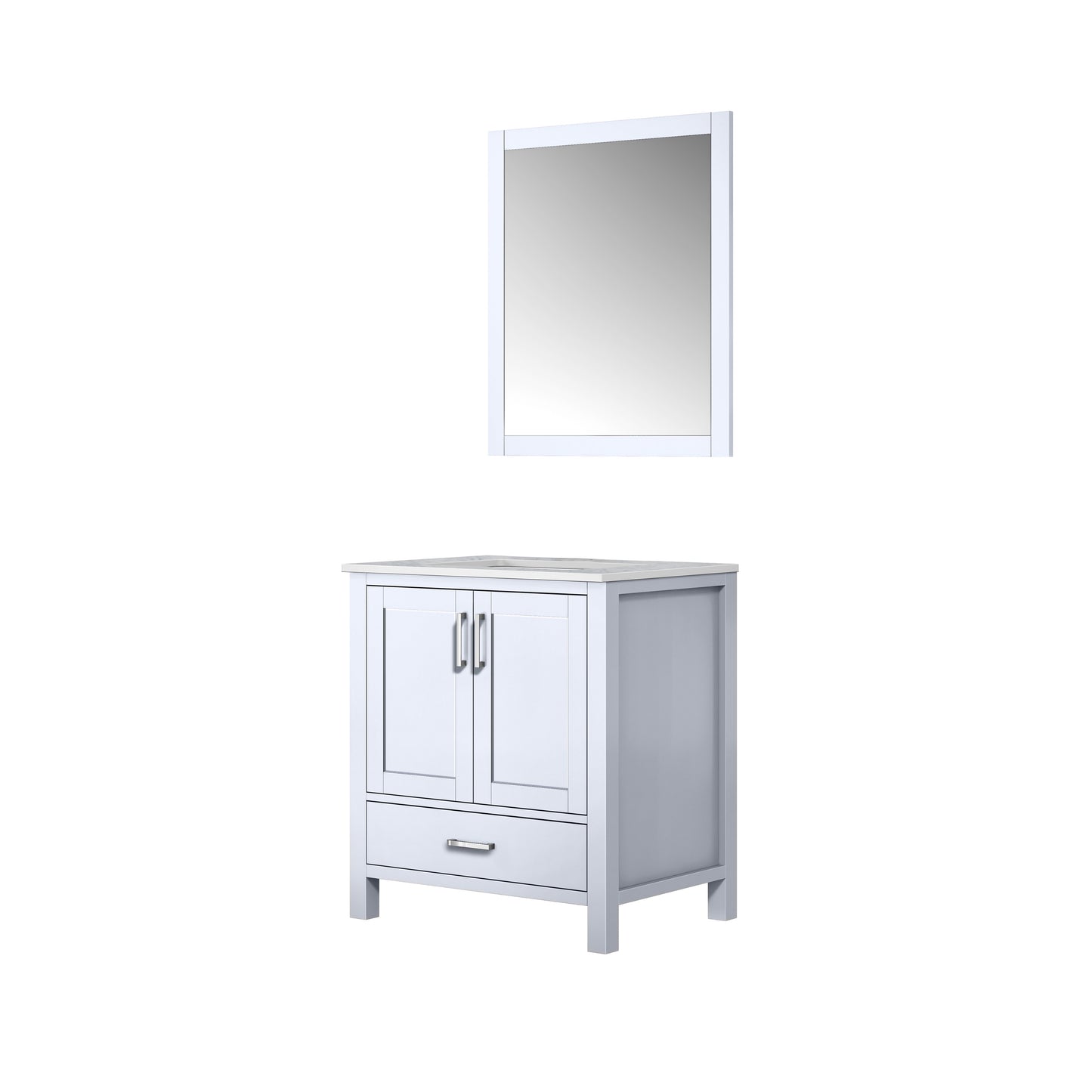 Jacques 30" White Single Vanity, White Carrara Marble Top, White Square Sink and 28" Mirror