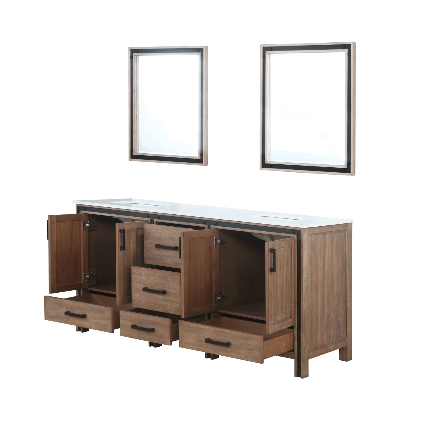 Ziva 72" Rustic Barnwood Double Vanity, Cultured Marble Top, White Square Sink and 30" Mirrors