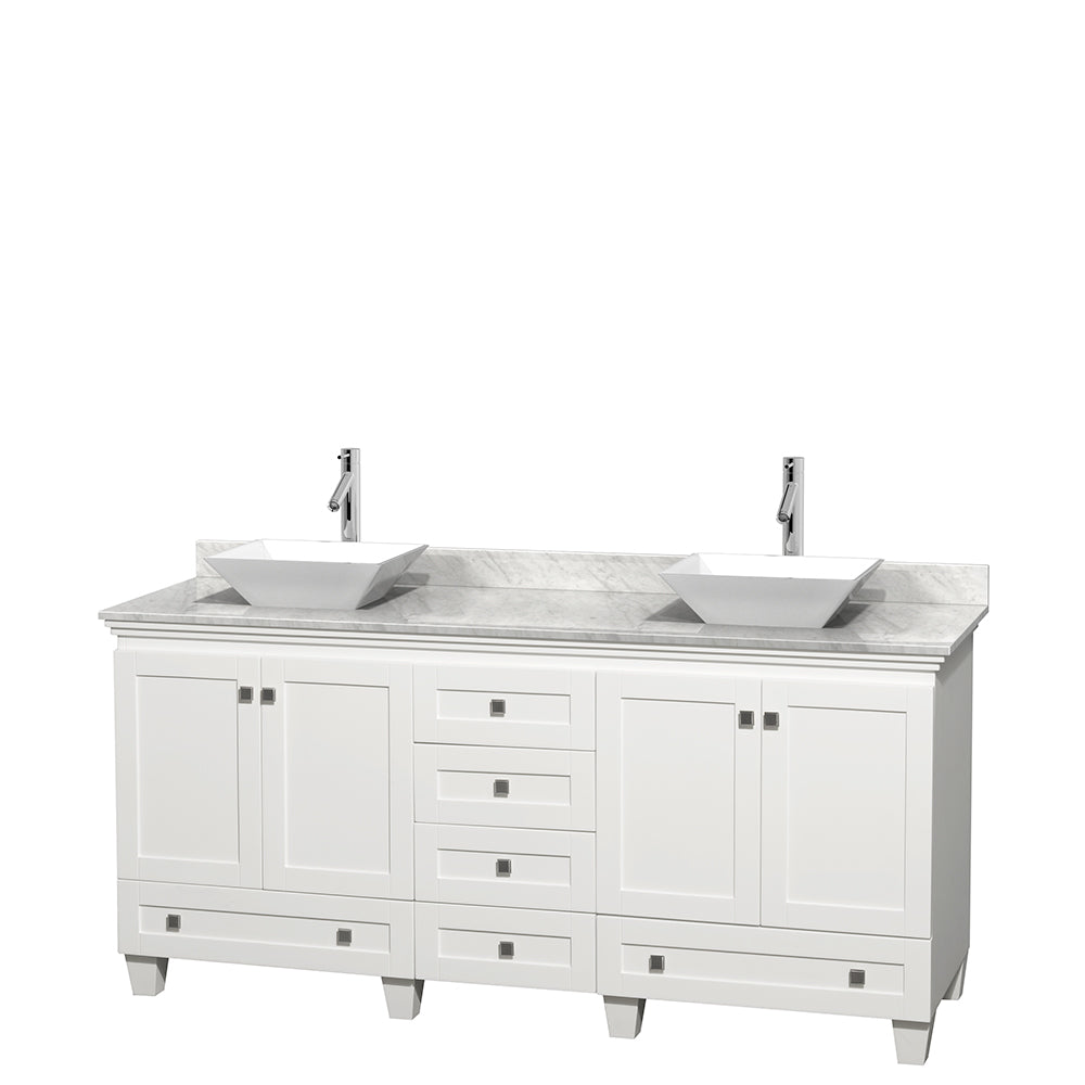 Acclaim 72 Inch Double Bathroom Vanity in White, White Carrara Marble Countertop, Pyra White Sinks, and No Mirrors