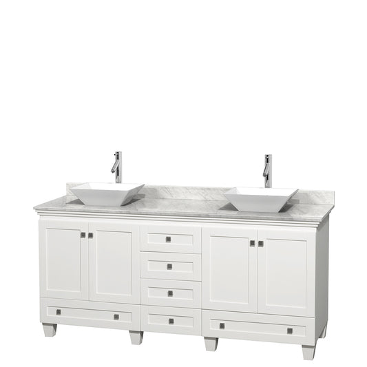 Acclaim 72 Inch Double Bathroom Vanity in White, White Carrara Marble Countertop, Pyra White Sinks, and No Mirrors