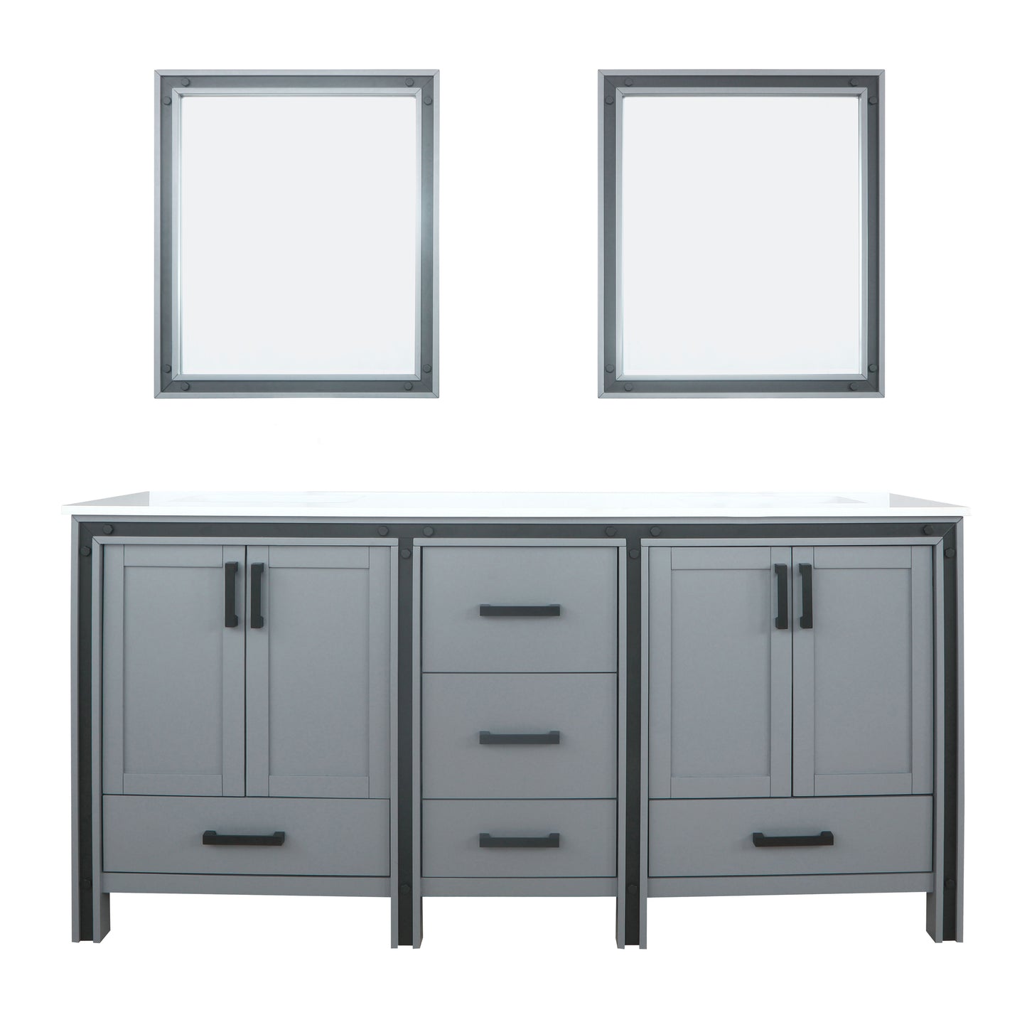 Ziva 72" Dark Grey Double Vanity, Cultured Marble Top, White Square Sink and 30" Mirrors