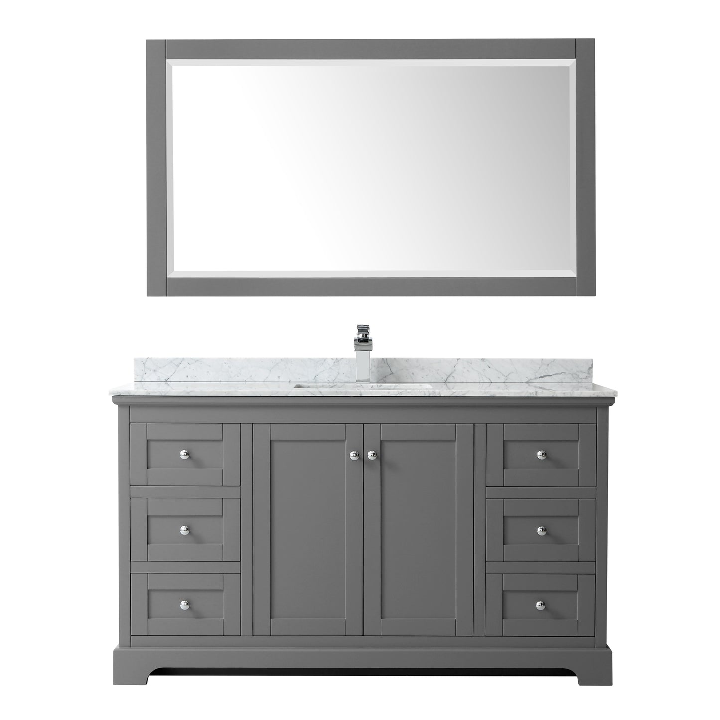 Avery 60 Inch Single Bathroom Vanity in Dark Gray, White Carrara Marble Countertop, Undermount Square Sink, and 58 Inch Mirror