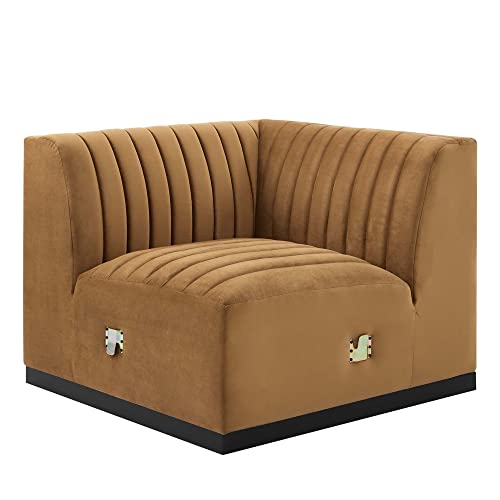 Modway Conjure Modern Channel Tufted Velvet Left Corner Chair in Cognac Brown