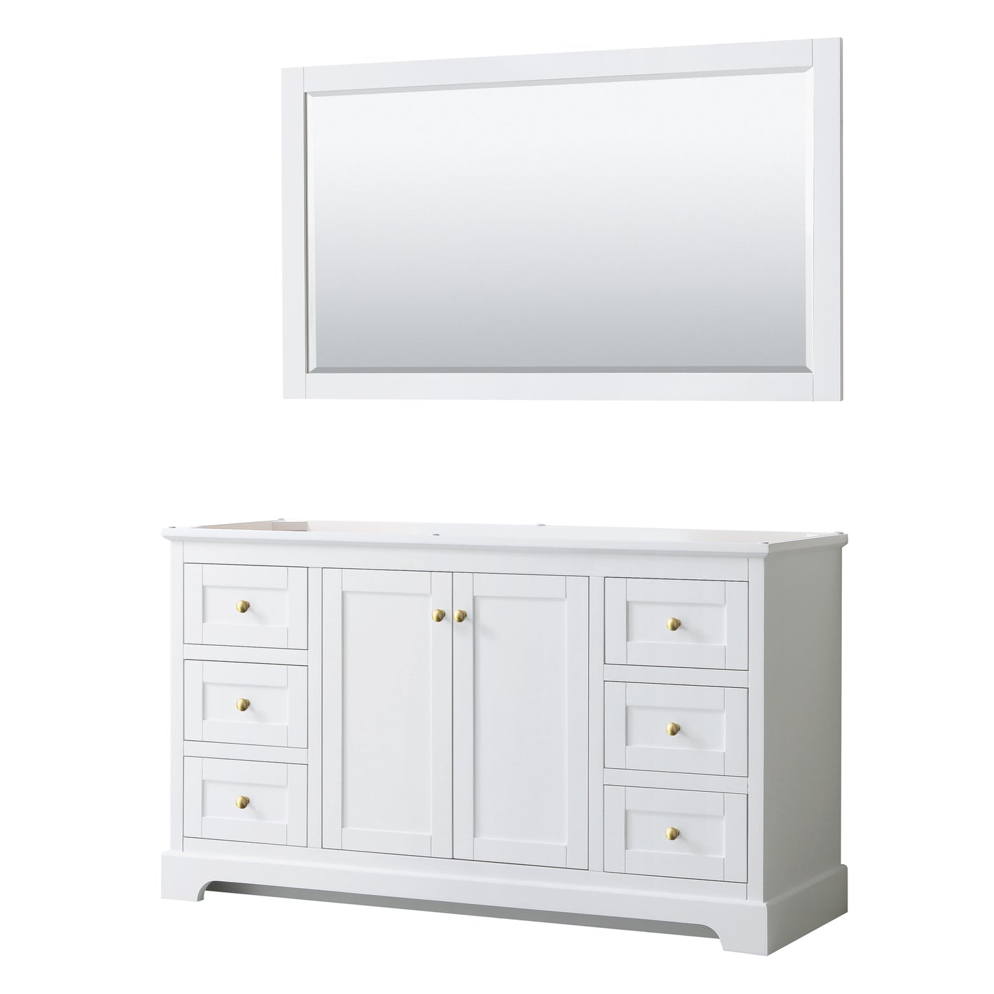 Avery 60 Inch Single Bathroom Vanity in White, No Countertop, No Sink, 58 Inch Mirror, Brushed Gold Trim