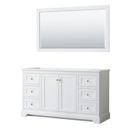 Avery 60 Inch Single Bathroom Vanity in White, No Countertop, No Sink, 58 Inch Mirror, Brushed Gold Trim