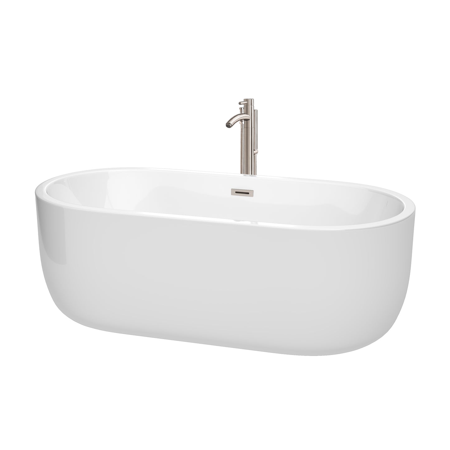 Juliette 67 Inch Freestanding Bathtub in White with Floor Mounted Faucet, Drain and Overflow Trim in Brushed Nickel