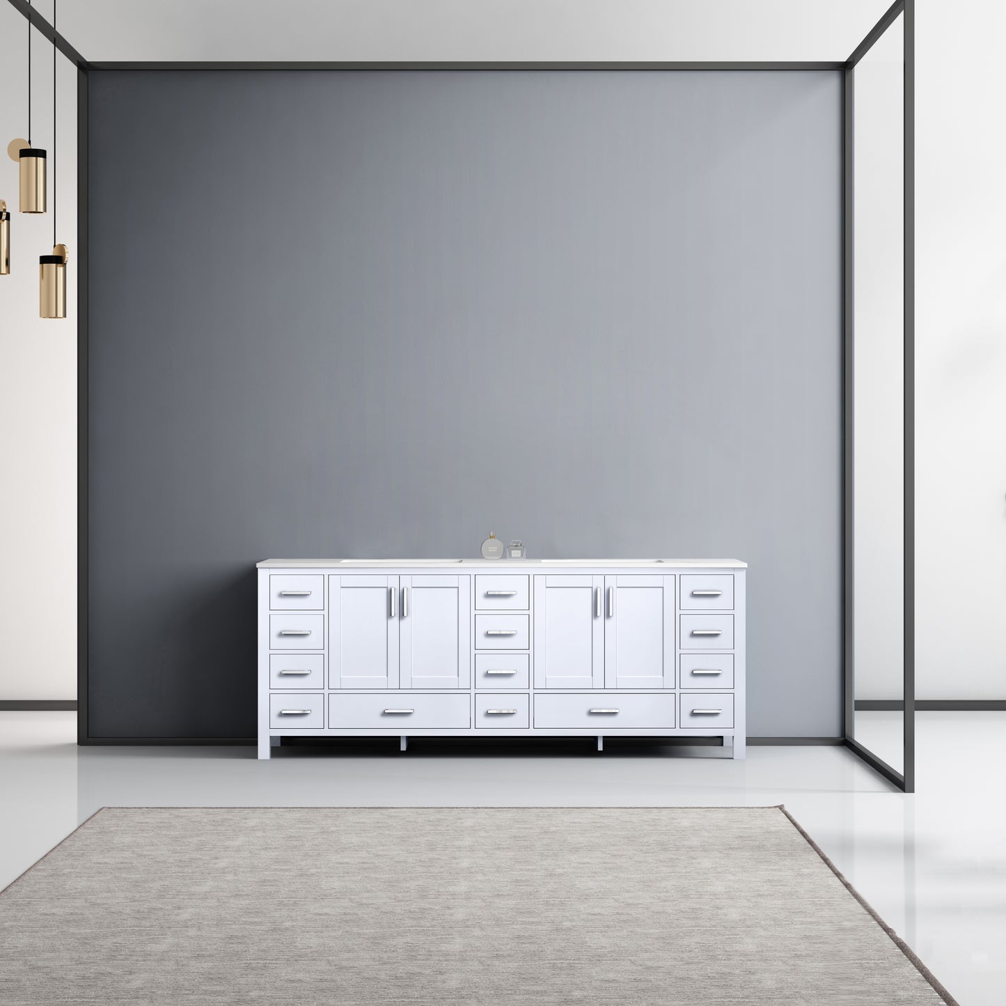 Jacques 84" White Double Vanity, White Carrara Marble Top, White Square Sinks and no Mirror