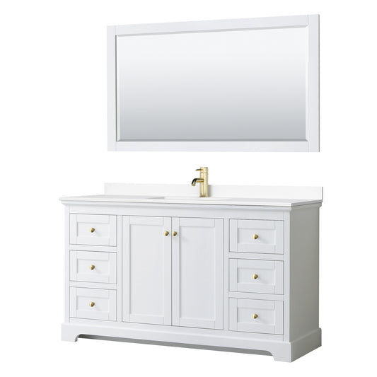 Avery 60 Inch Single Bathroom Vanity in White, White Cultured Marble Countertop, Undermount Square Sink, 58 Inch Mirror, Brushed Gold Trim