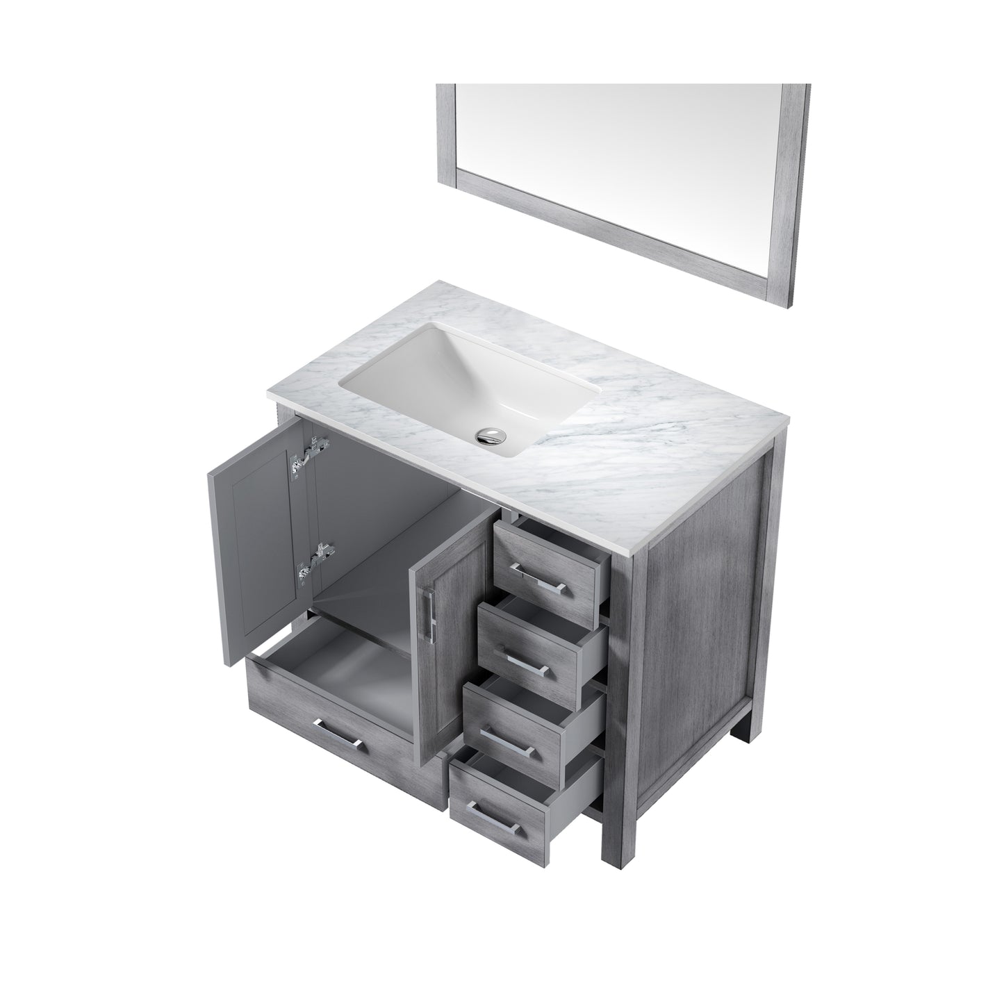 Jacques 36" Distressed Grey Single Vanity, White Carrara Marble Top, White Square Sink and 34" Mirror - Left Version