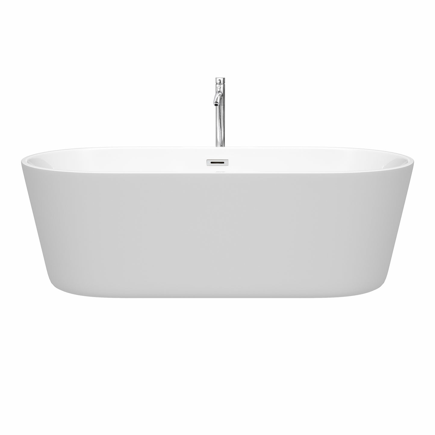 Carissa 71 Inch Freestanding Bathtub in White with Floor Mounted Faucet, Drain and Overflow Trim in Polished Chrome