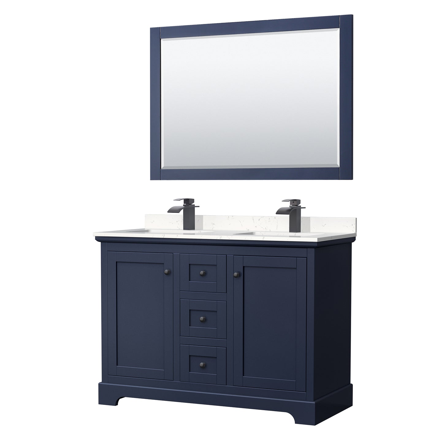 Avery 48 Inch Double Bathroom Vanity in Dark Blue, Carrara Cultured Marble Countertop, Undermount Square Sinks, Matte Black Trim, 46 Inch Mirror