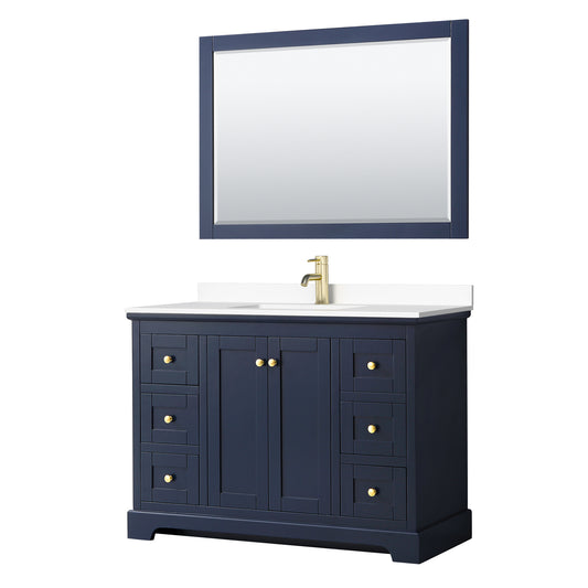 Avery 48 Inch Single Bathroom Vanity in Dark Blue, White Cultured Marble Countertop, Undermount Square Sink, 46 Inch Mirror