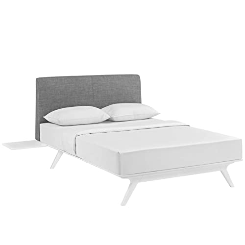 Modway Tracy Mid-Century Modern Upholstered Headboard King Platform Wood Bed Frame with Two Side Tables, White Gray