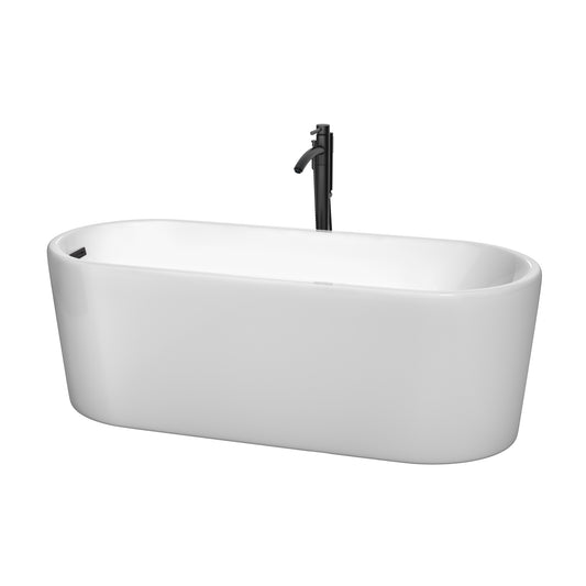 Ursula 67 Inch Freestanding Bathtub in White with Floor Mounted Faucet, Drain and Overflow Trim in Matte Black
