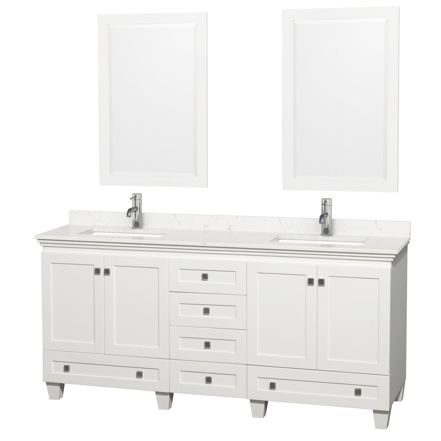 Acclaim 72 Inch Double Bathroom Vanity in White, Carrara Cultured Marble Countertop, Undermount Square Sinks, 24 Inch Mirrors