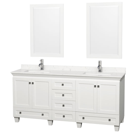 Acclaim 72 Inch Double Bathroom Vanity in White, Carrara Cultured Marble Countertop, Undermount Square Sinks, 24 Inch Mirrors