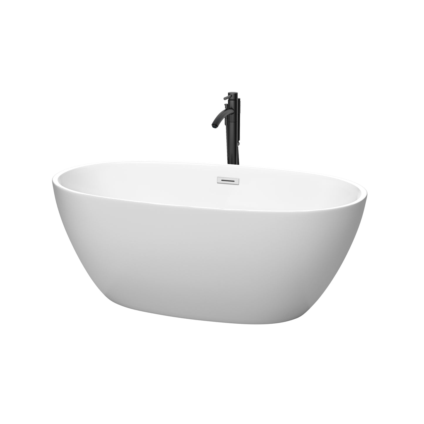 Juno 59 Inch Freestanding Bathtub in Matte White with Polished Chrome Trim and Floor Mounted Faucet in Matte Black