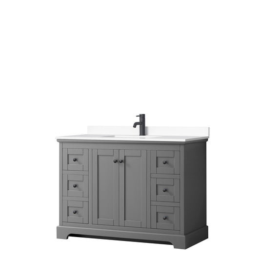 Avery 48 Inch Single Bathroom Vanity in Dark Gray, White Cultured Marble Countertop, Undermount Square Sink, Matte Black Trim