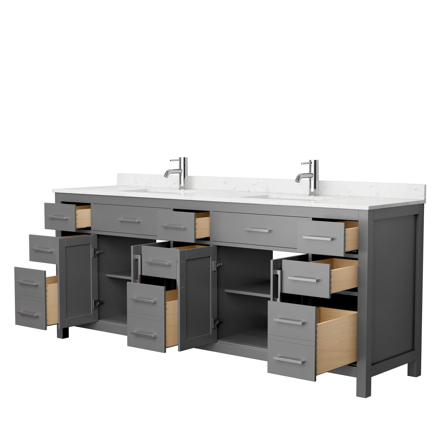 Beckett 84 Inch Double Bathroom Vanity in Dark Gray, Carrara Cultured Marble Countertop, Undermount Square Sinks, No Mirror