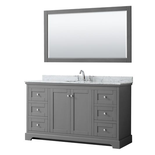 Avery 60 Inch Single Bathroom Vanity in Dark Gray, White Carrara Marble Countertop, Undermount Oval Sink, and 58 Inch Mirror