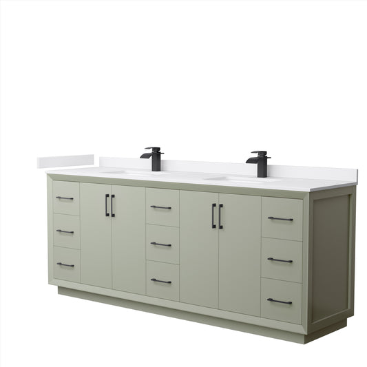 Strada 84 Inch Double Bathroom Vanity in Light Green, White Cultured Marble Countertop, Undermount Square Sinks, Matte Black Trim