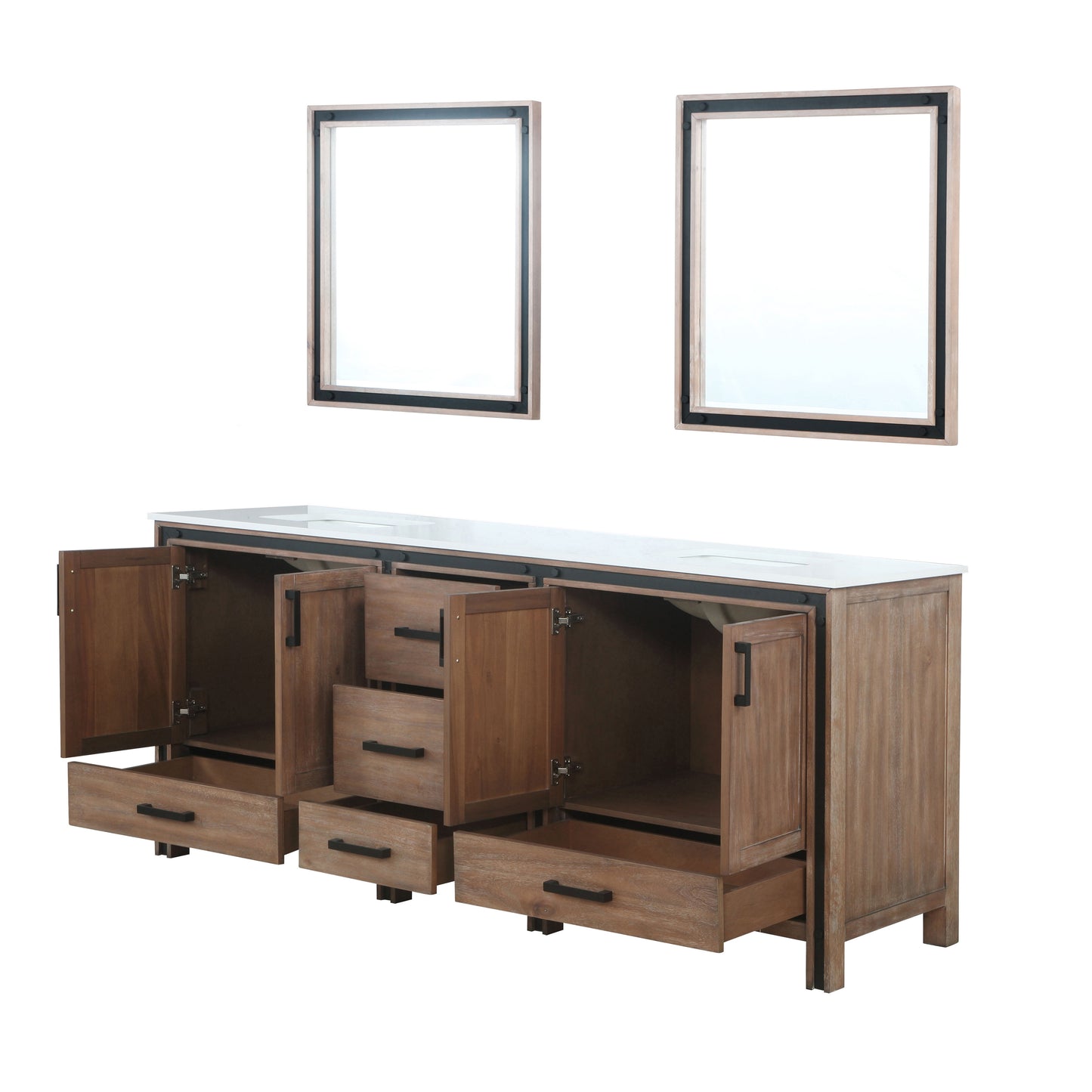 Ziva 80" Rustic Barnwood Double Vanity, Cultured Marble Top, White Square Sink and 30" Mirrors