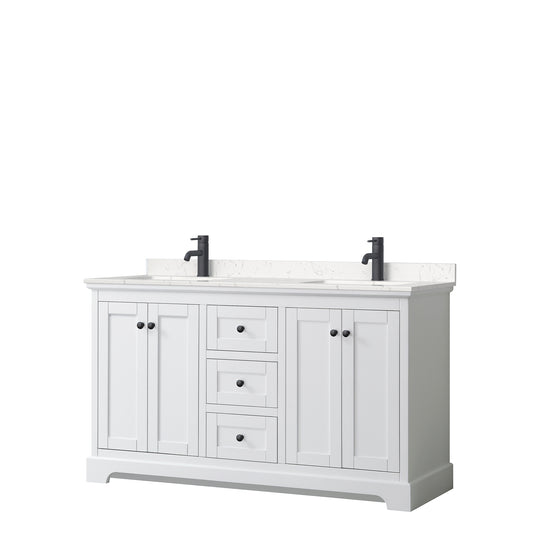 Avery 60 Inch Double Bathroom Vanity in White, Carrara Cultured Marble Countertop, Undermount Square Sinks, Matte Black Trim