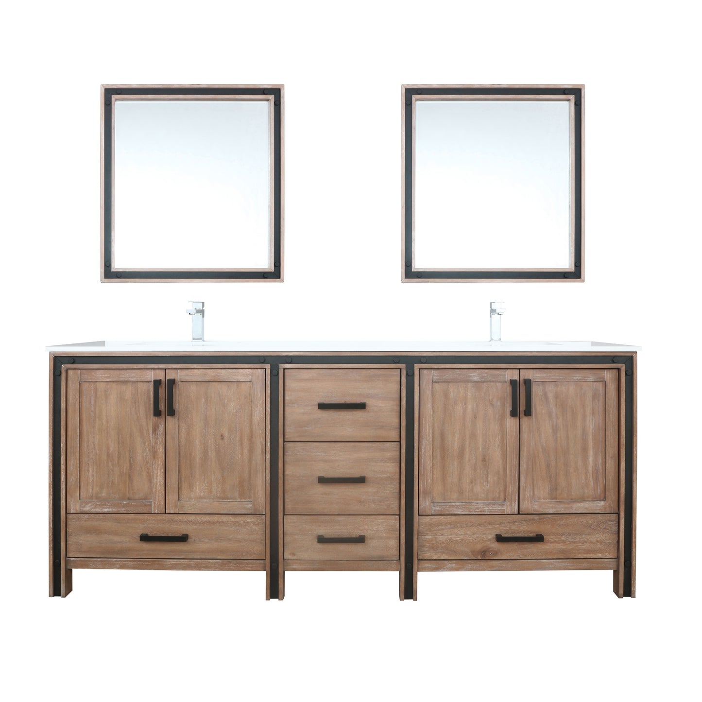 Ziva 80" Rustic Barnwood Double Vanity, Cultured Marble Top, White Square Sink and 30" Mirrors w/ Faucet