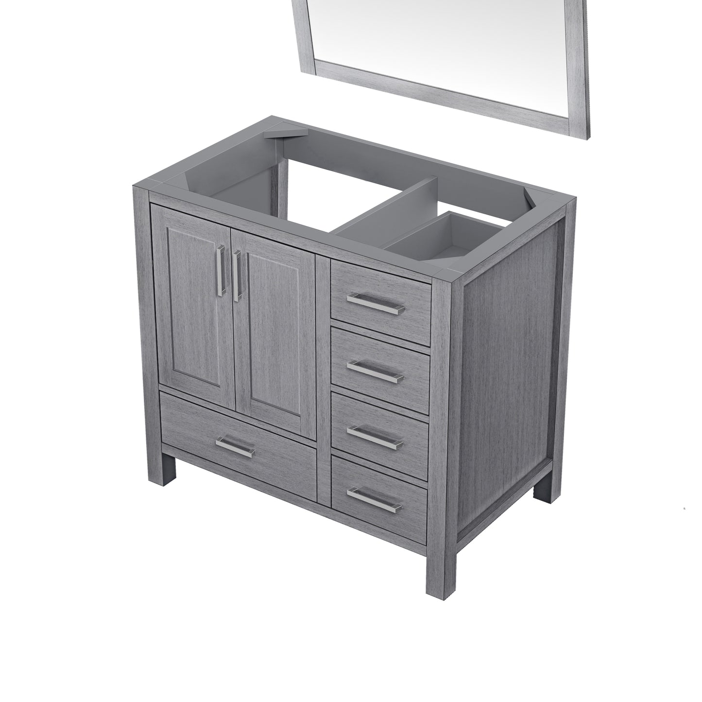 Jacques 36" Distressed Grey Single Vanity, no Top and 34" Mirror - Left Version