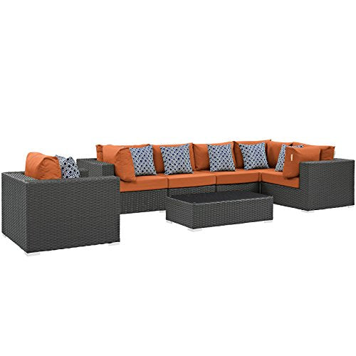 Modway Sojourn Casual Seating 10 Piece Outdoor Patio Rattan Sectional Set with Sunbrella Brand Tuscan Orange Canvas Cushions