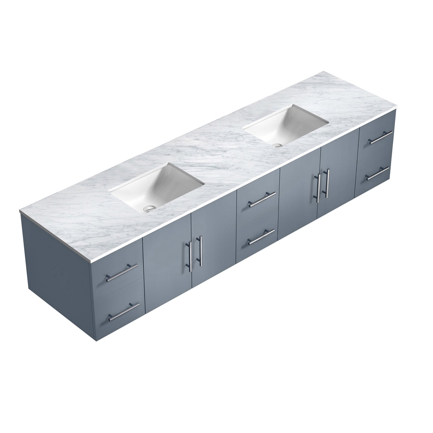 Geneva 84" Dark Grey Double Vanity, White Carrara Marble Top, White Square Sinks and 36" LED Mirrors