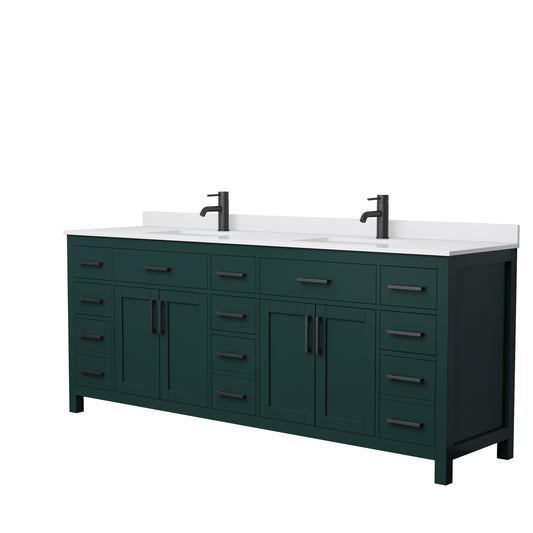 Beckett 84 Inch Double Bathroom Vanity in Green, White Cultured Marble Countertop, Undermount Square Sinks, Matte Black Trim