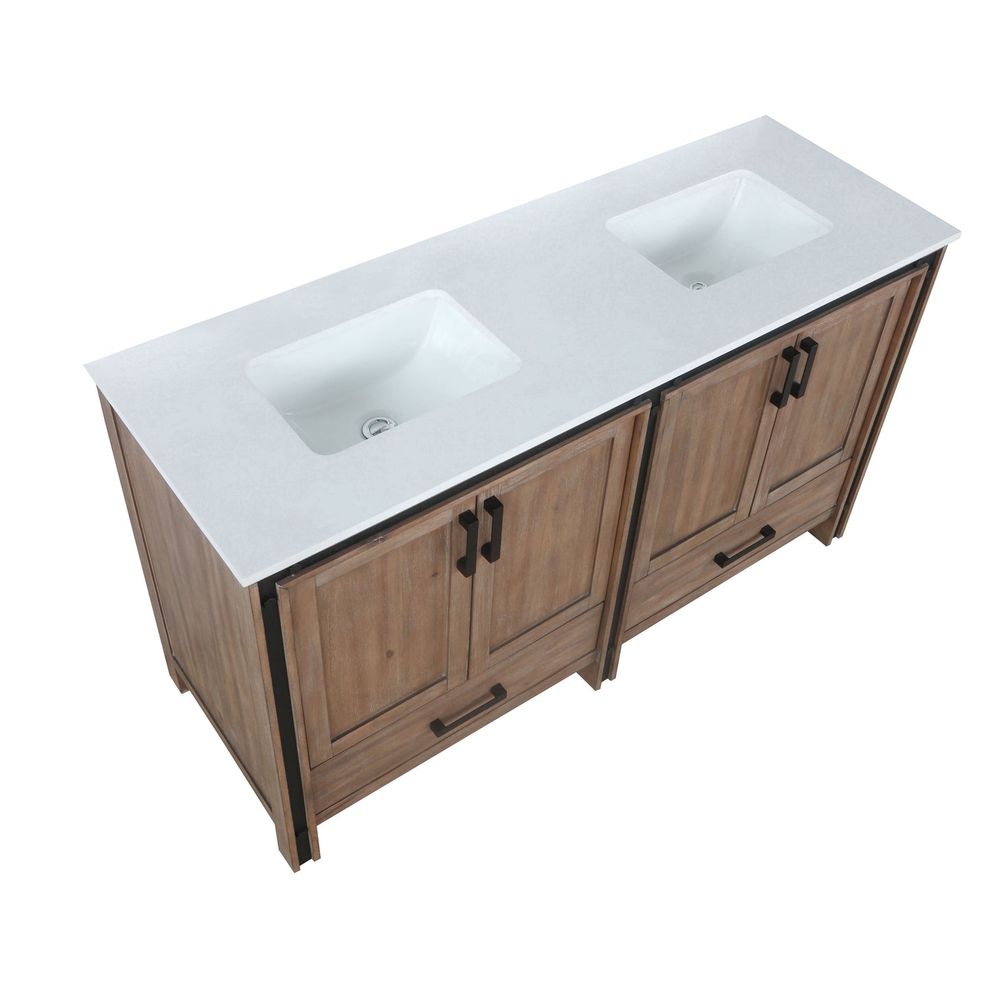 Ziva 60" Rustic Barnwood Double Vanity, Cultured Marble Top, White Square Sink and no Mirror