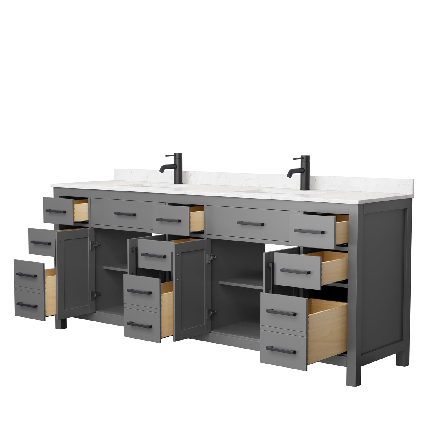 Beckett 84 Inch Double Bathroom Vanity in Dark Gray, Carrara Cultured Marble Countertop, Undermount Square Sinks, Matte Black Trim