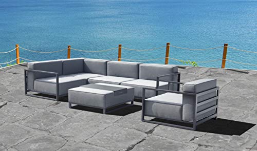 Whiteline Modern Outdoor Living Sensation Indoor/Outdoor Ottoman in Grey Acrylic Fabric with TPU Coating Frame. Includes an Aluminum Tray. Each Modular Chair Sold Separately