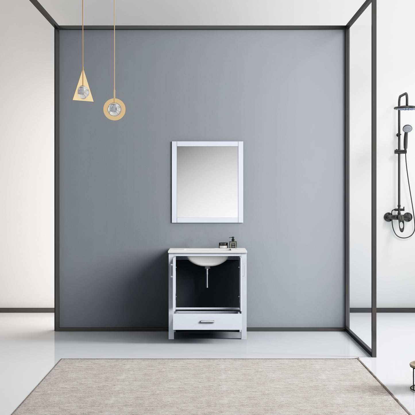 Jacques 30" White Single Vanity, White Carrara Marble Top, White Square Sink and 28" Mirror