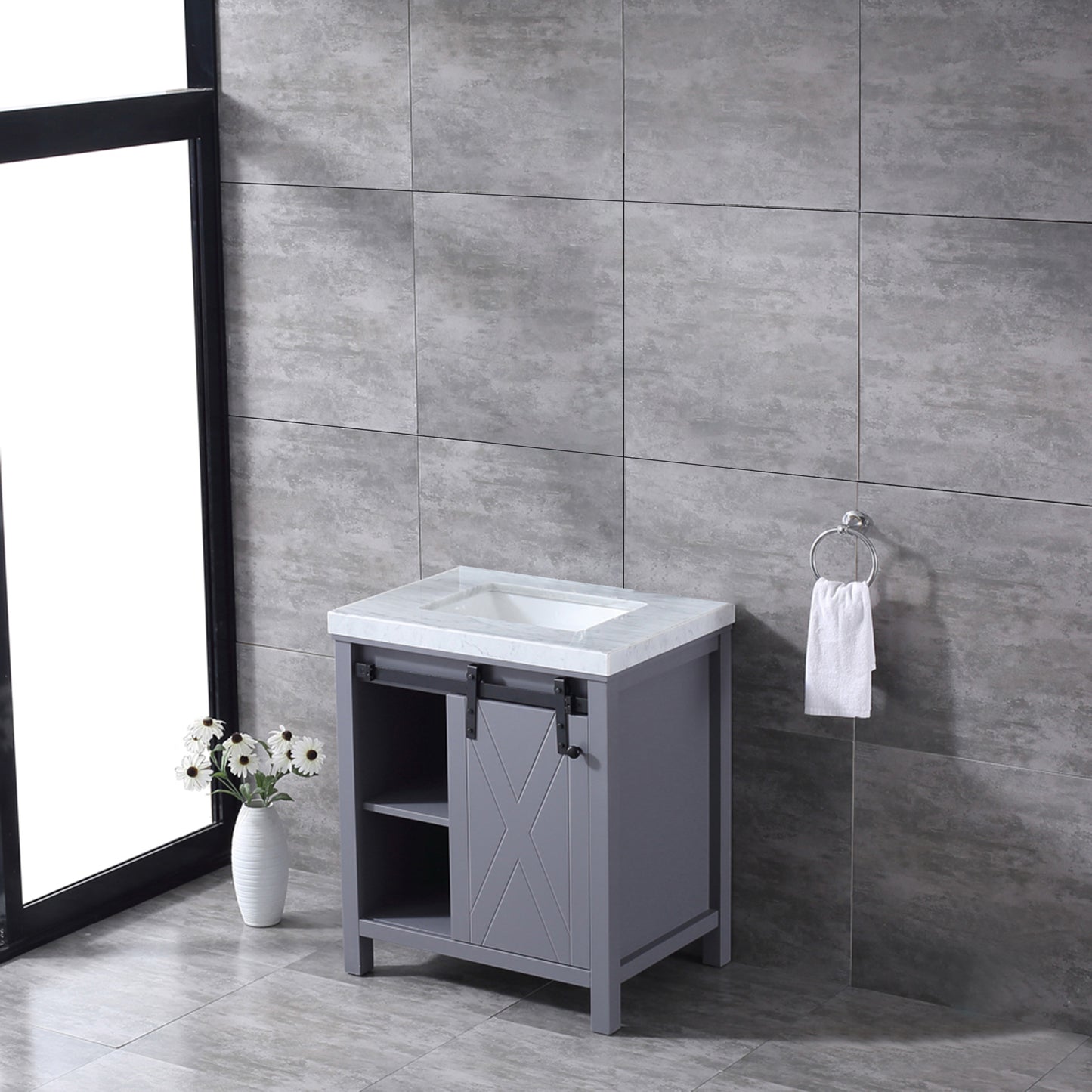 Marsyas 30" Dark Grey Single Vanity, White Carrara Marble Top, White Square Sink and no Mirror